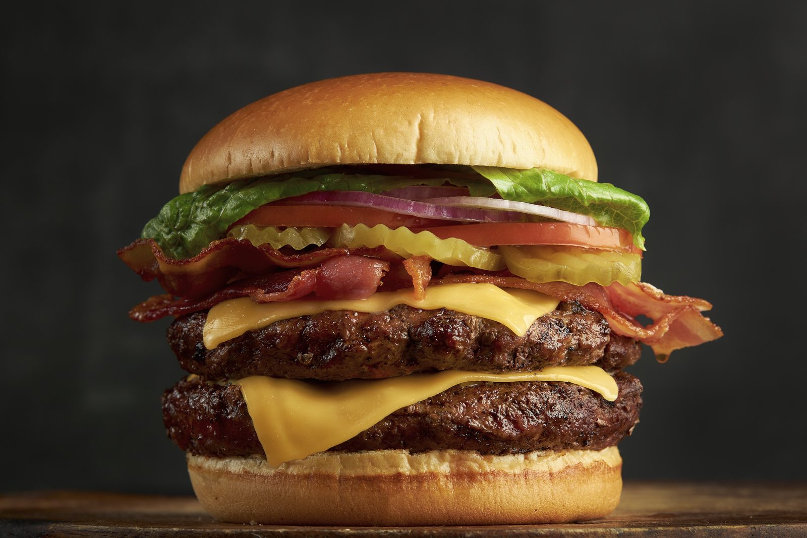 Double bacon burger with applewood bacon, American cheese, lettuce and tomato
